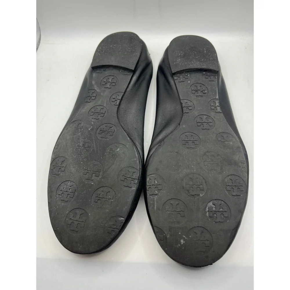 Tory Burch Black Leather Minnie Travel‎ Ballet Flats Gold Logo Women's Size